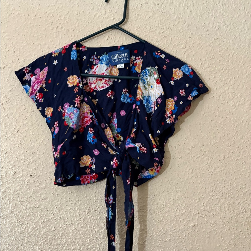 Collectif Navy Floral Tie-Front Blouse